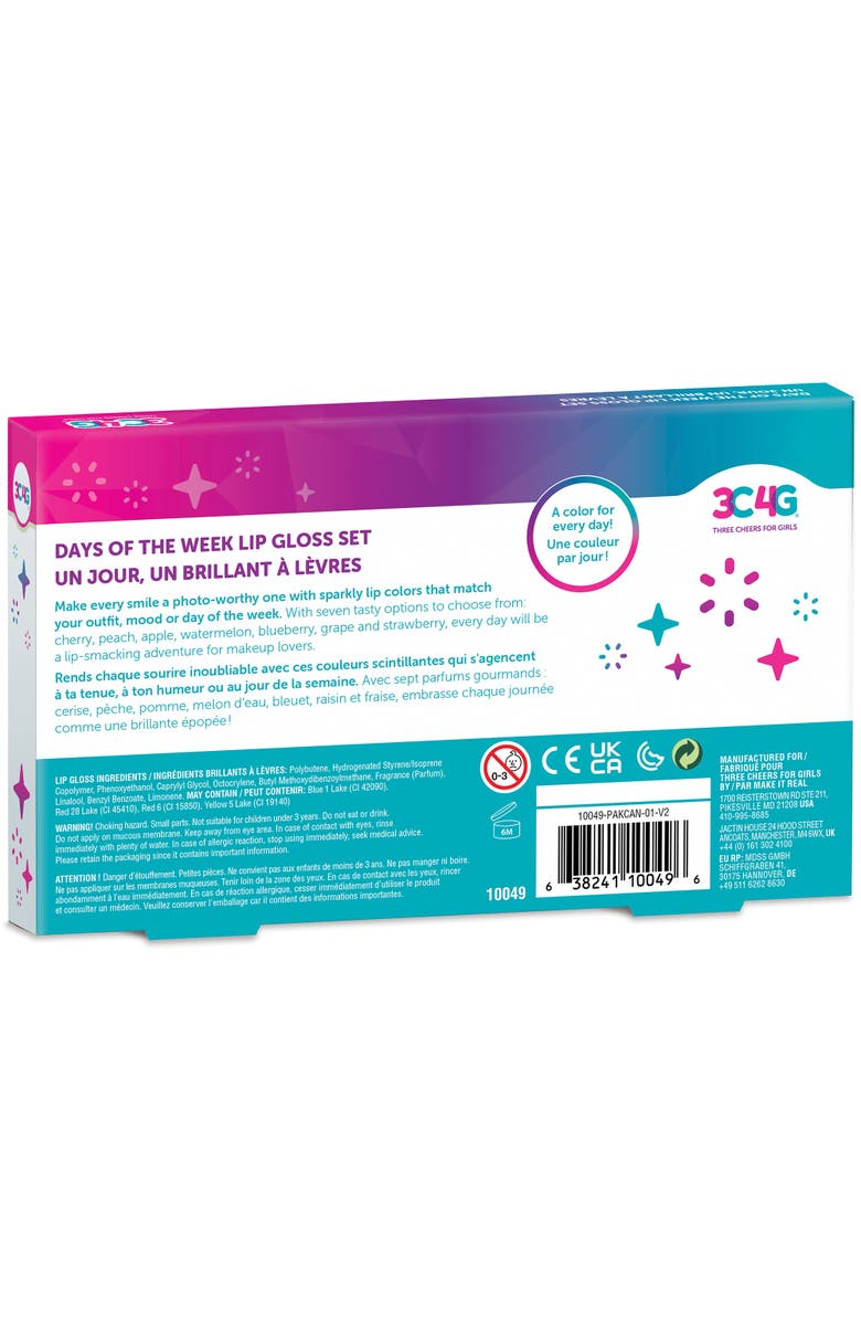 Three Cheers For Girls 3C4G Days Of The Week Lip Gloss Set 7 Piece Rollerball Flavored Set, Alternate, color, Multicolored