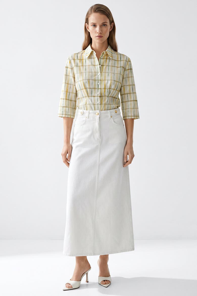 Evariste High Waist Denim Midi Skirt With Pockets, Alternate, color, White