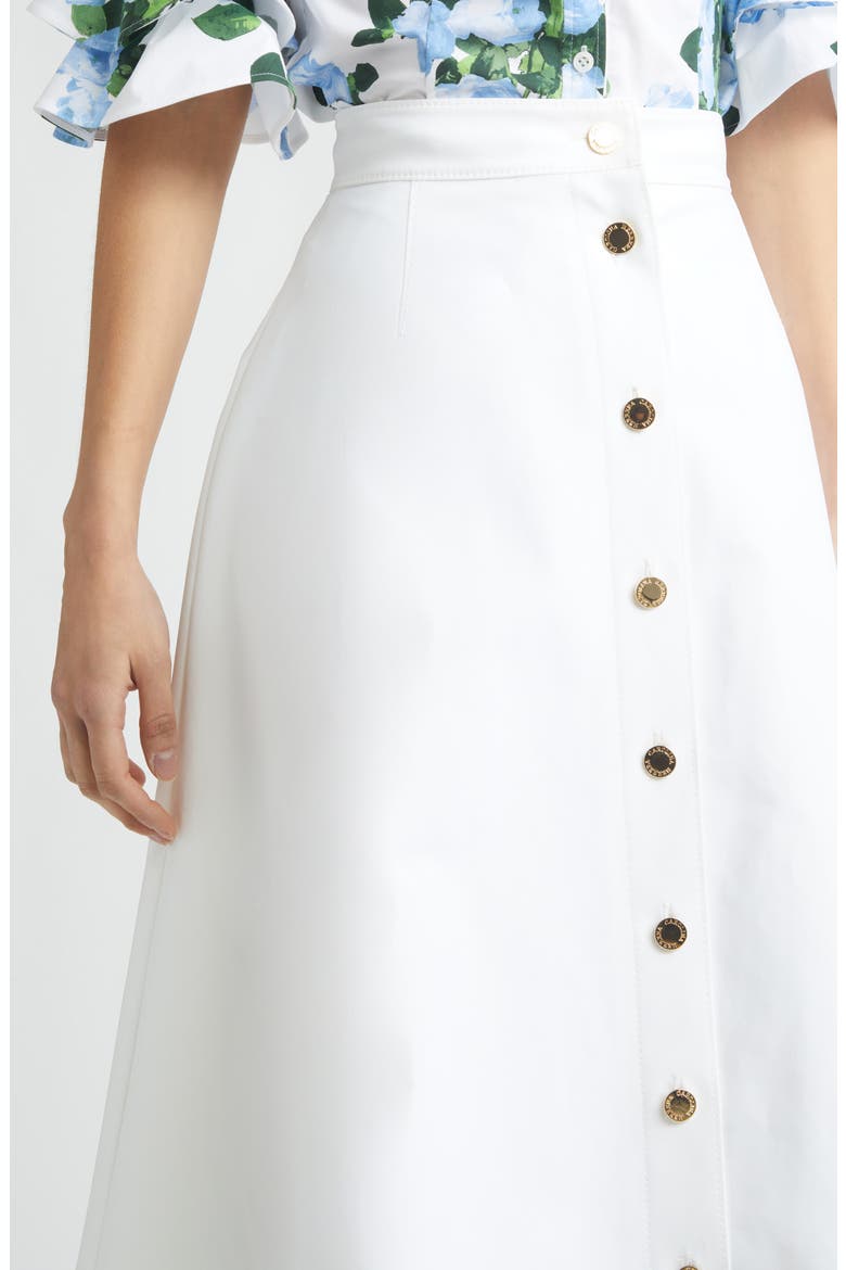 Button Front Stretch Cotton Sateen Midi Skirt, Alternate, color, WHITE