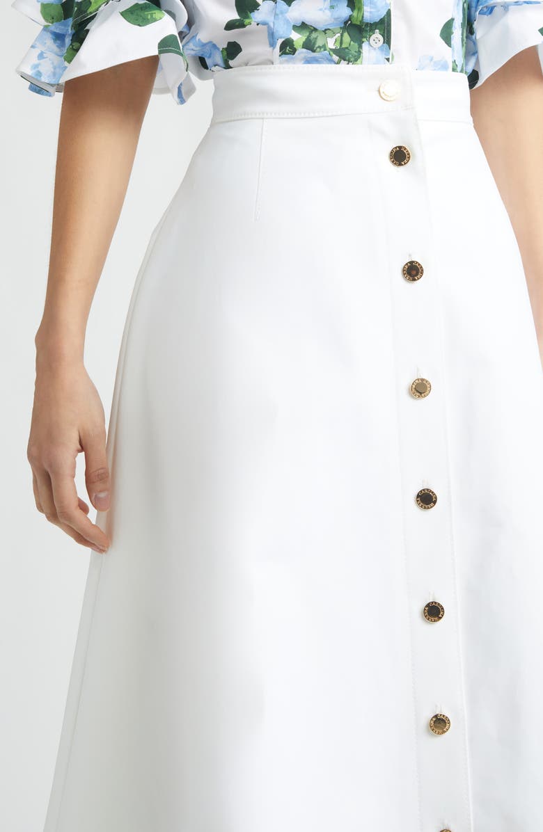 Carolina Herrera Button Front Stretch Cotton Sateen Midi Skirt, Alternate, color, White