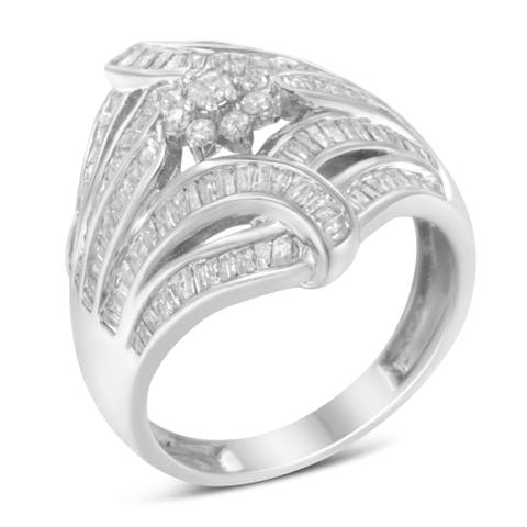 Silver 1-1/8 Cttw Diamond 'Flower & Fern' Cluster Cocktail Ring