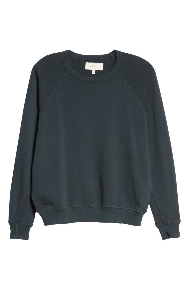 THE GREAT. College French Terry Sweatshirt, Alternate, color, Pine Needle