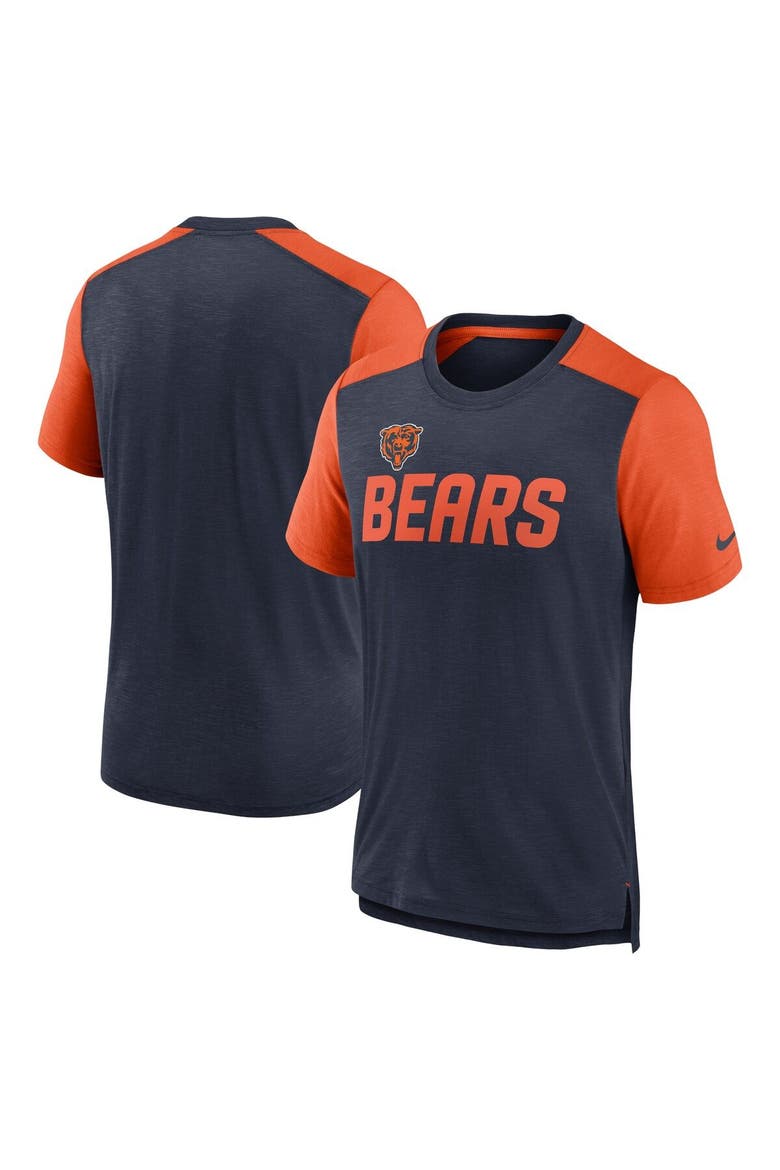 Men's Nike Heathered Navy/Heathered Orange Chicago Bears Color Block Team Name T-Shirt, Main, color, Heather Navy