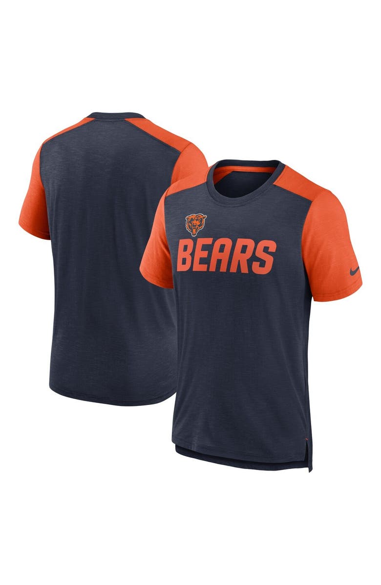 Nike Men's Nike Heathered Navy/Heathered Orange Chicago Bears Color Block Team Name T-Shirt, Main, color, Heather Navy