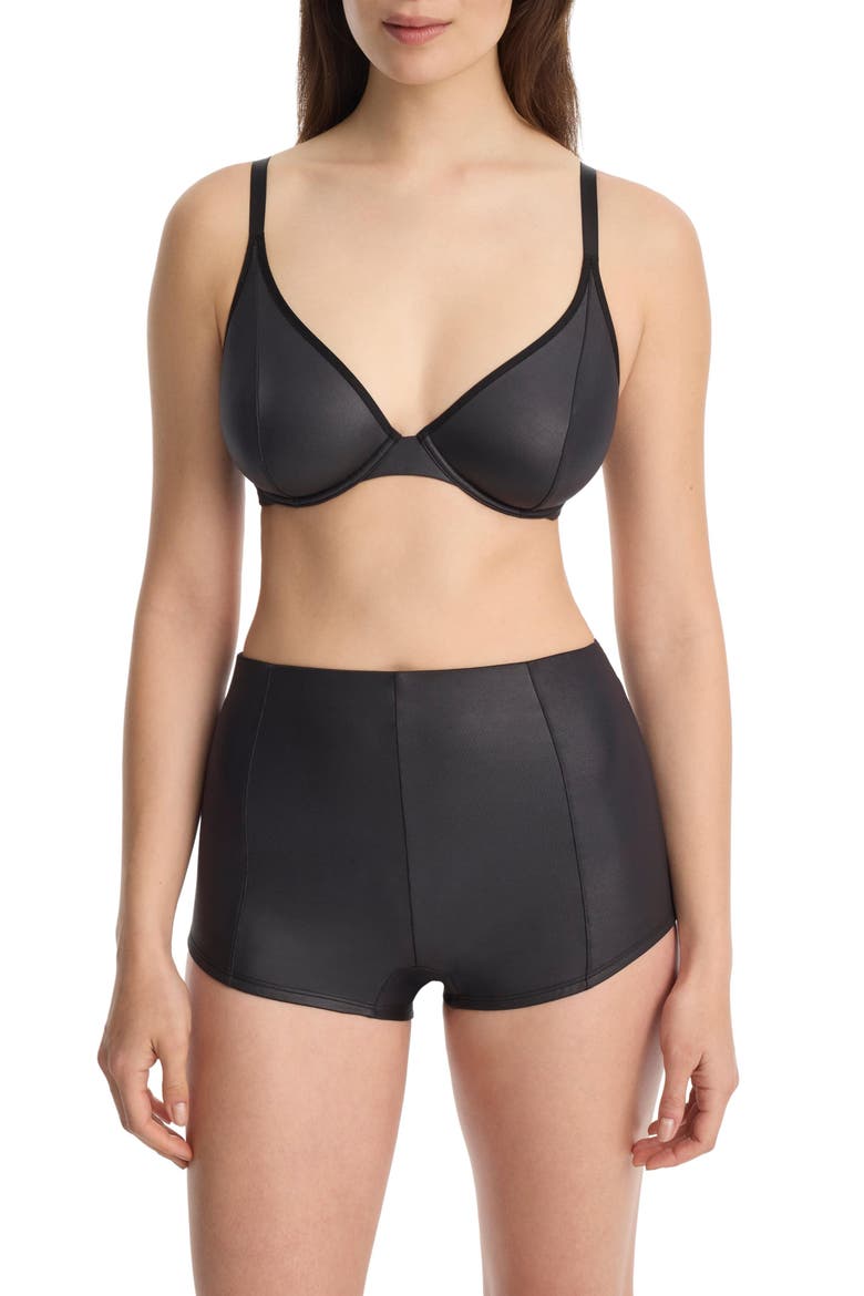 Late Night Faux Leather Unlined Underwire Bra, Alternate, color, Black