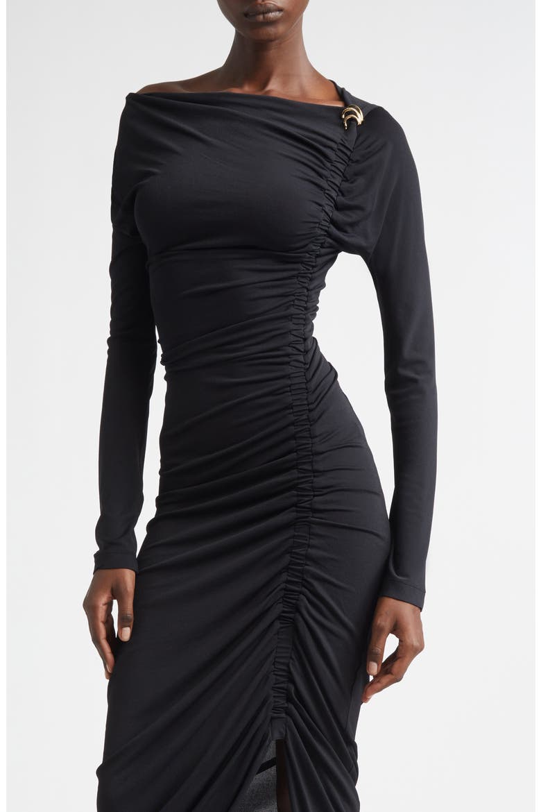 Ruched Long Sleeve Jersey Evening Dress, Alternate, color, NERO