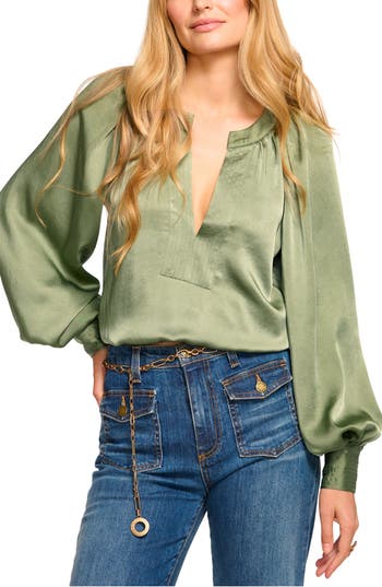 Ramy Brook Nevada Womens Solid Satin Blouse In Dark Sage