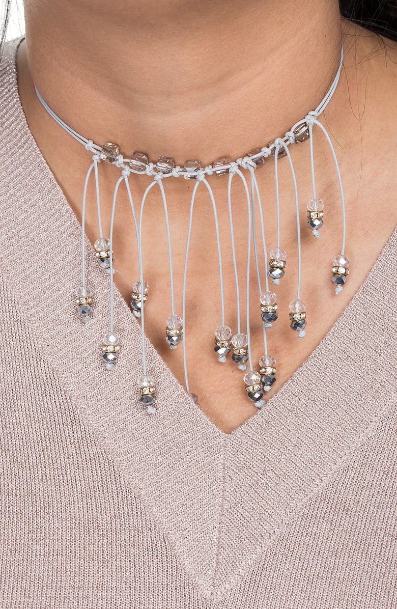 SAACHI Crystal Beaded Fringe Bib Necklace, Alternate, color, Grey