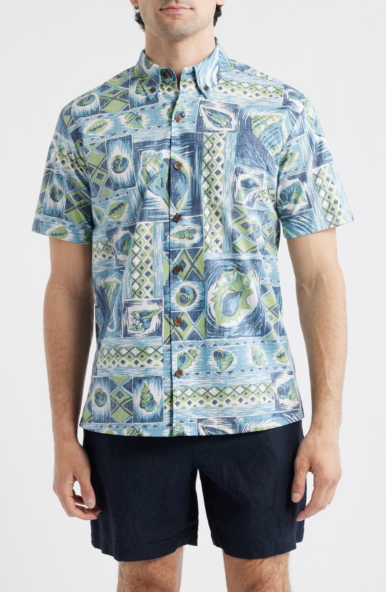 Kahala King's Shells Short Sleeve Cotton Button-Down Shirt, Main, color, Ocean Blue