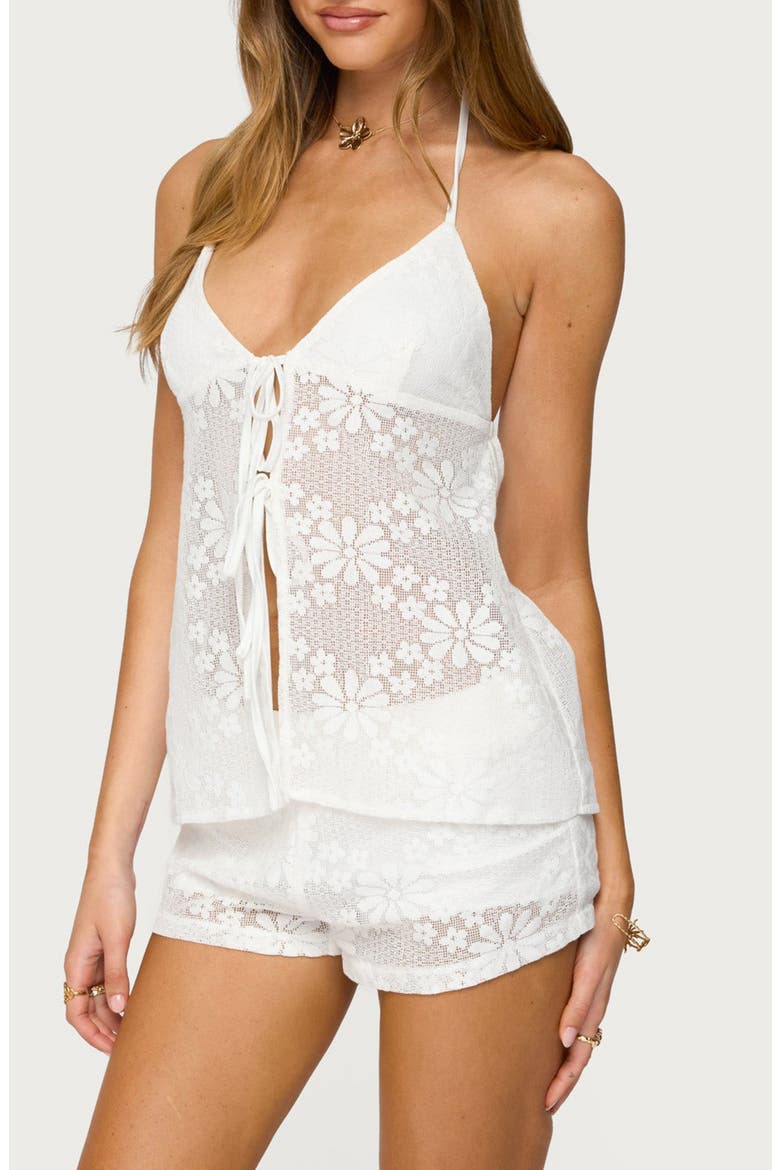 Arlie Tie Front Floral Lace Halter Top, Alternate, color, WHITE