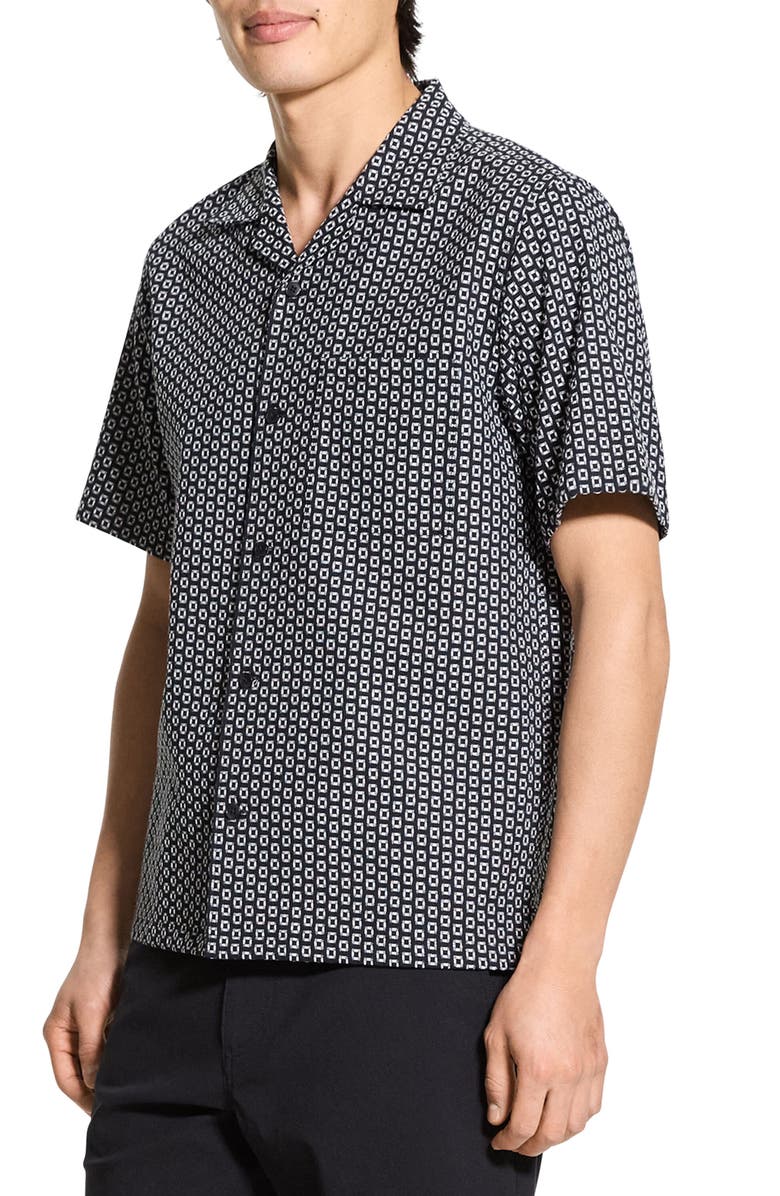 Theory Noll Gemometric Cotton Camp Shirt, Alternate, color, Black/ White