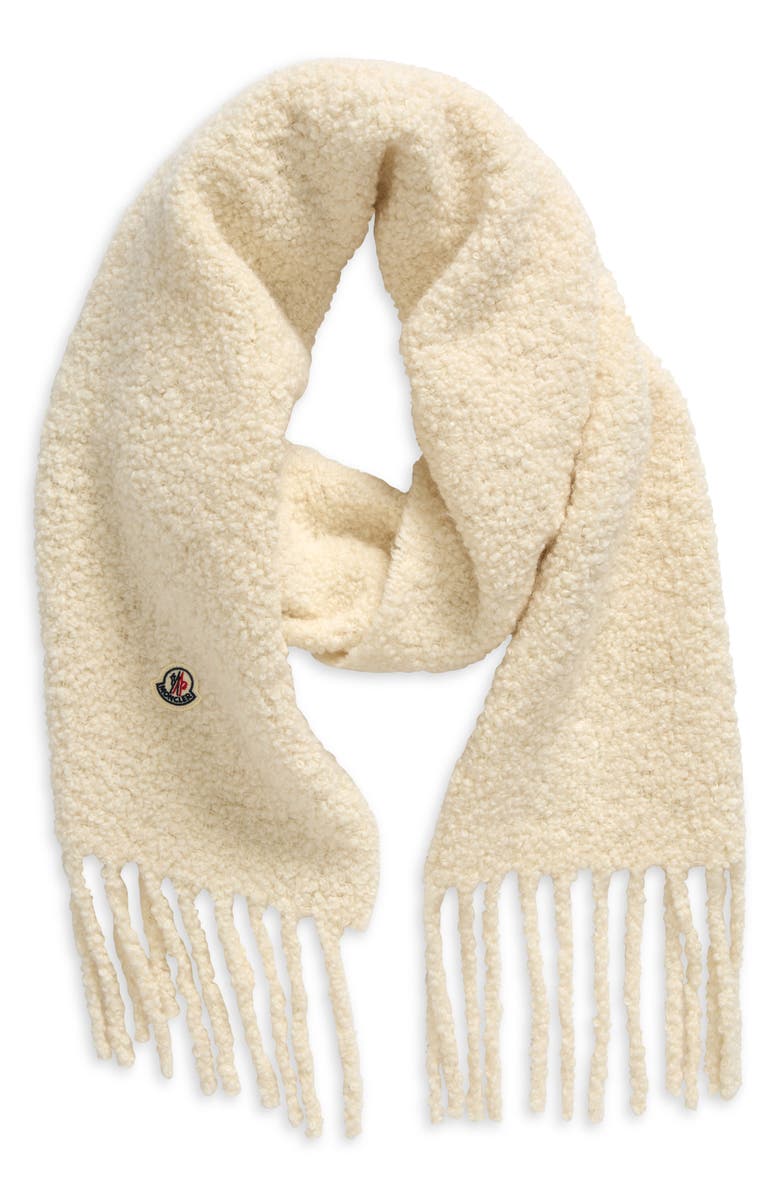Moncler Logo Patch Alpaca Blend Fringe Scarf, Alternate, color, Natural