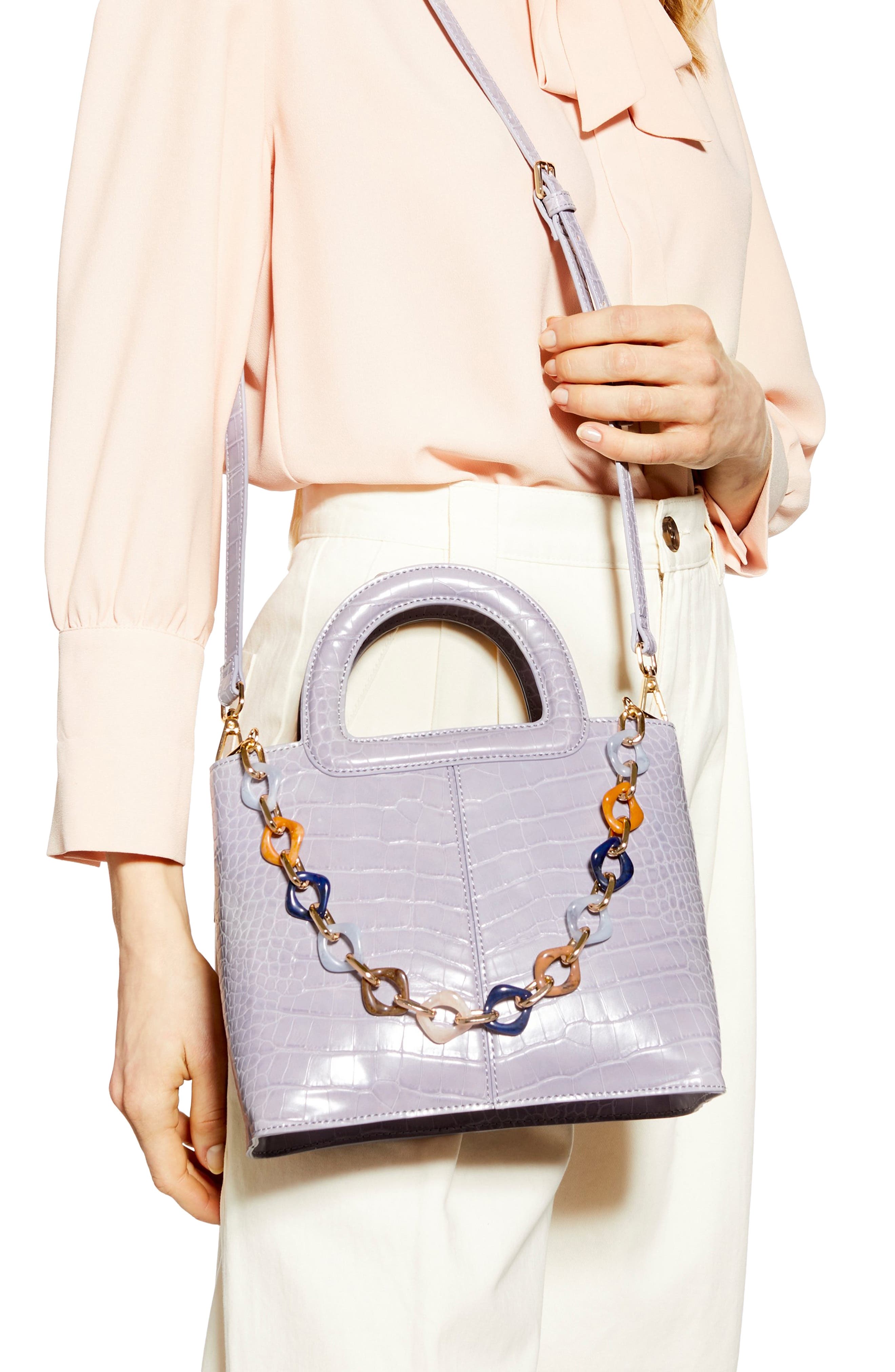 Topshop Tia Croc Embossed Faux Leather Satchel, Alternate, color, 