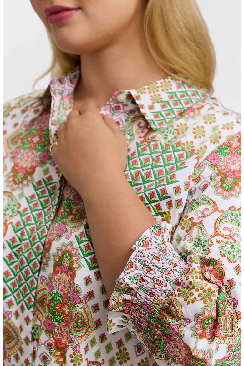 Olivia Patchwork Print Smocked Cuff Cotton Button-Up Shirt, Alternate, color, GREEN MULTI