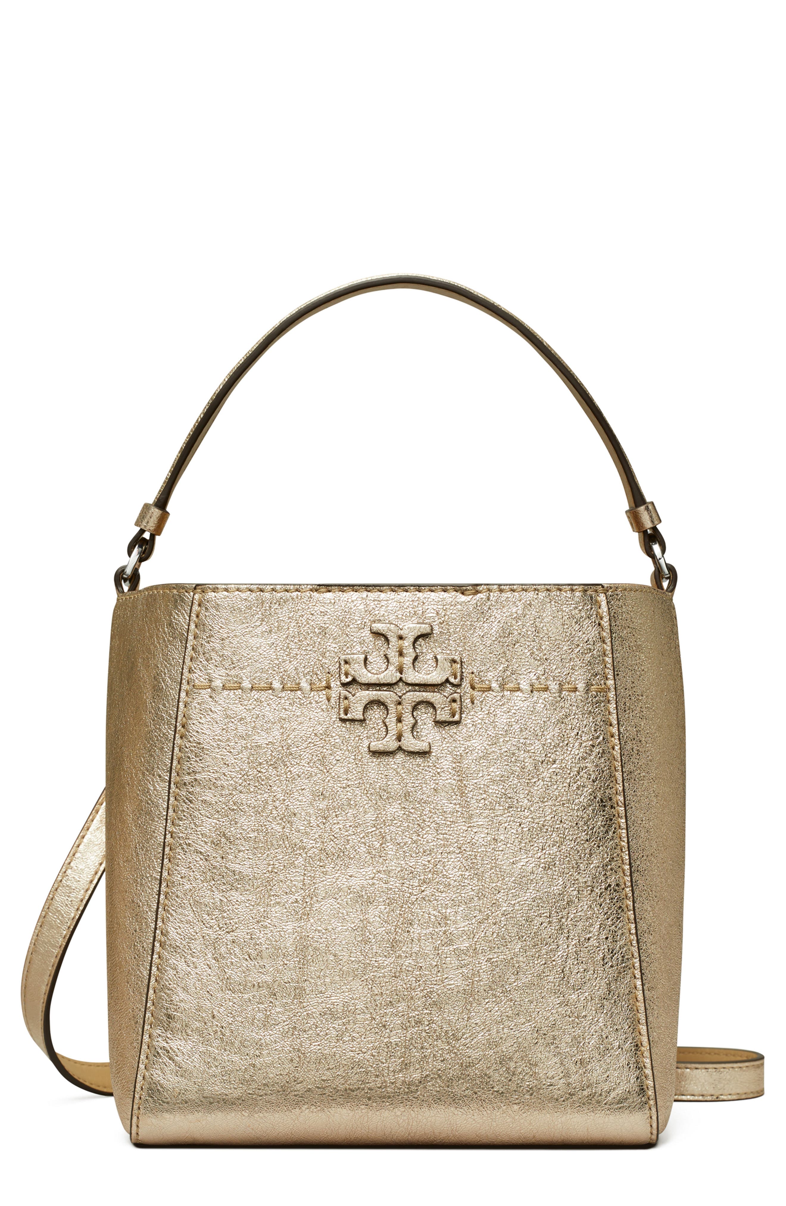 Tory Burch Small McGraw Metallic Leather Bucket Bag, Main, color, 