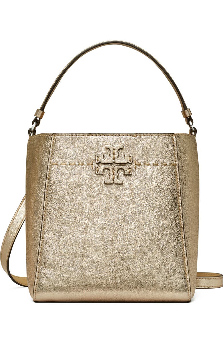 Tory Burch Small McGraw Metallic Leather Bucket Bag, Main, color,