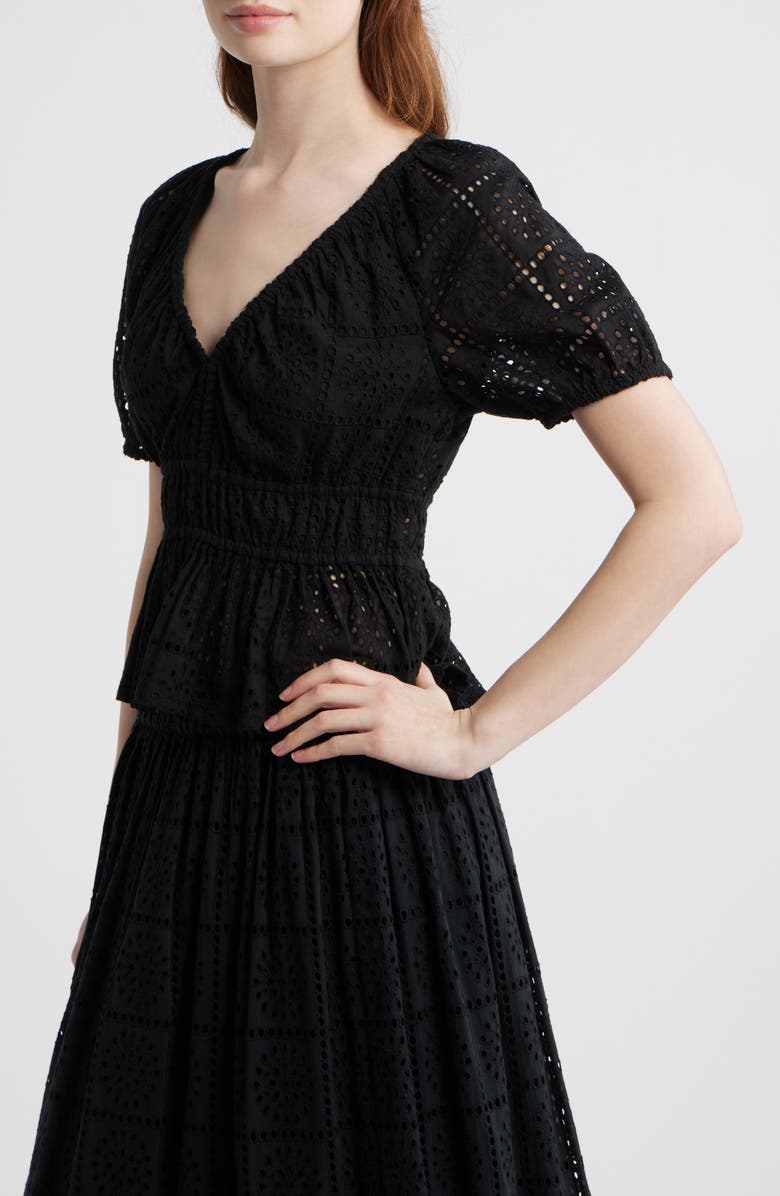 Rails Argenta Cotton Eyelet Peplum Top, Alternate, color, Black Grid Embroidery