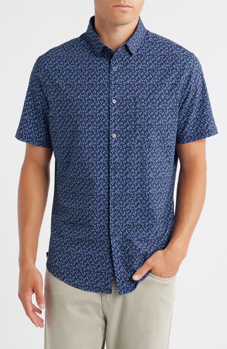 Mizzen+Main Leeward Trim Fit Short Sleeve Performance Button-Up Shirt, Main, color, Navy Vine Leaf