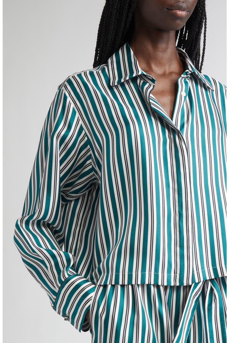 Brama Stripe Crop Silk Button-Up Shirt, Alternate, color, DARK GREEN