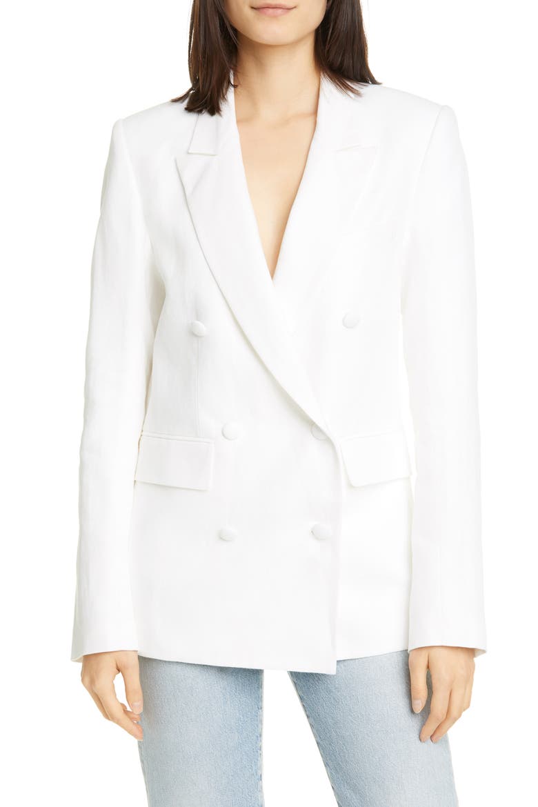 Clark Oversize Double Breasted Cotton & Linen Blazer, Main, color, WHITE