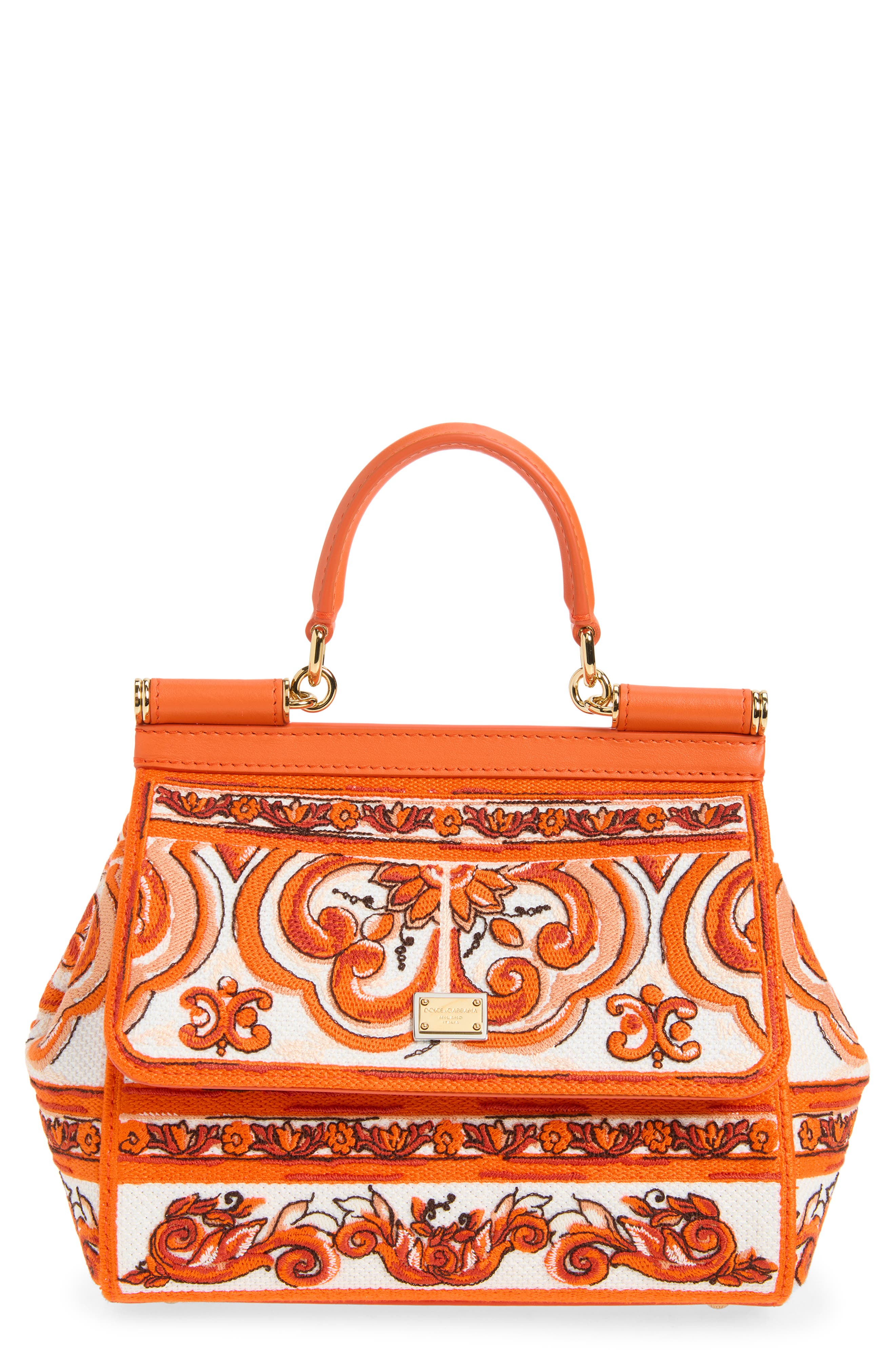 Dolce&Gabbana Small Sicily Majolica Embroidered Top Handle Bag, Main, color, 81166 Orange