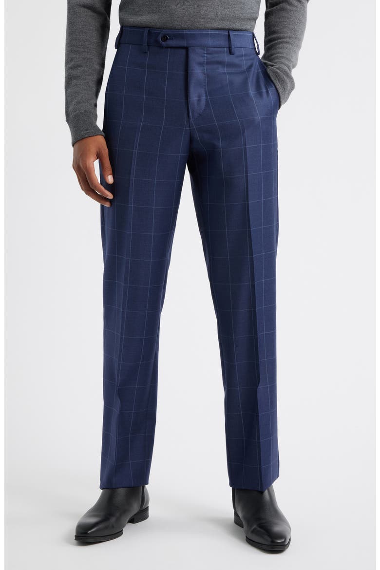 Devon Flat Front Windowpane Wool Dress Pants, Main, color, BLUE