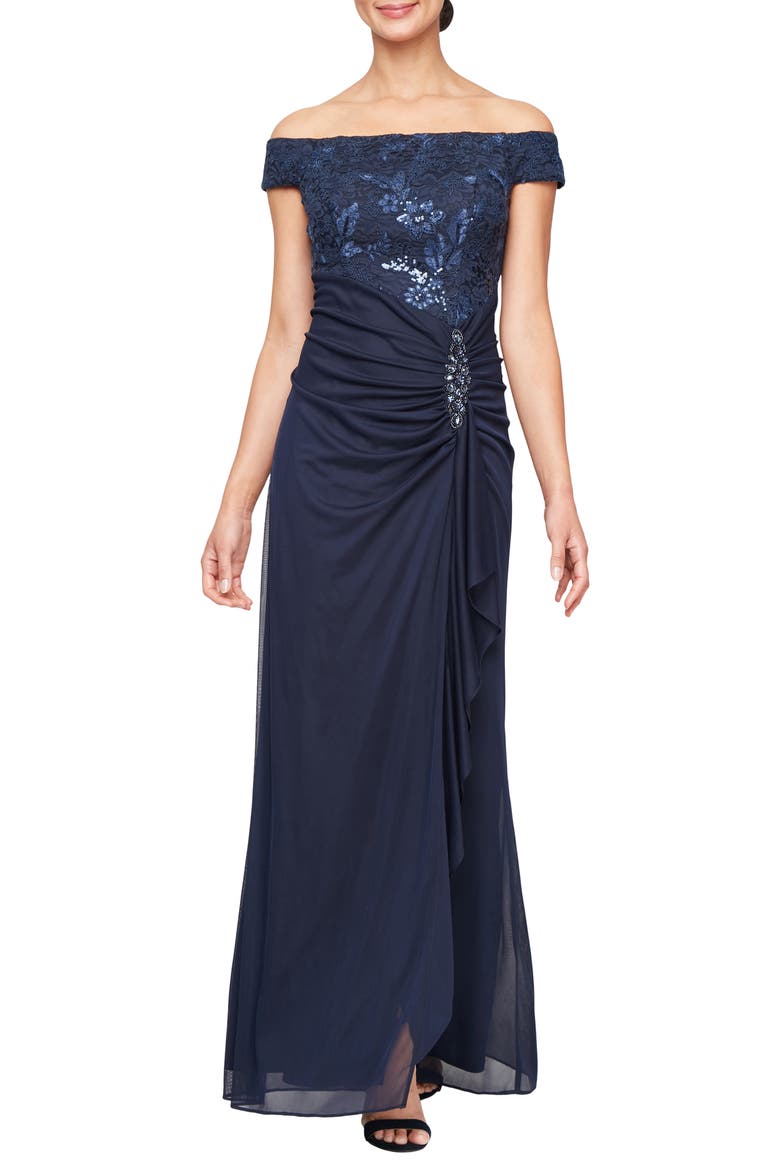 Embroidered Lace Off the Shoulder Gown, Main, color, NAVY
