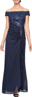 Alex Evenings Embroidered Lace Off the Shoulder Gown
