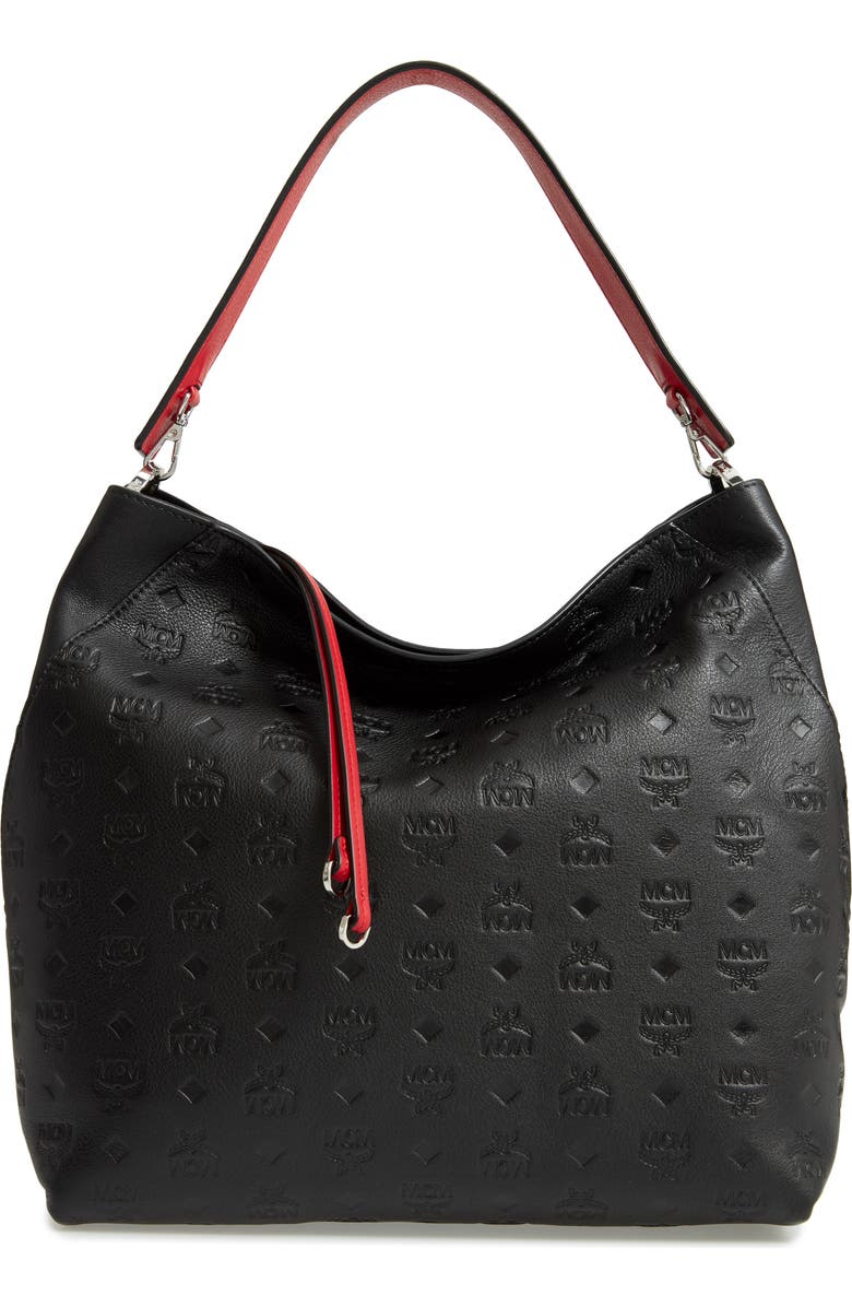 MCM Klara Monogrammed Leather Hobo Bag, Main, color,