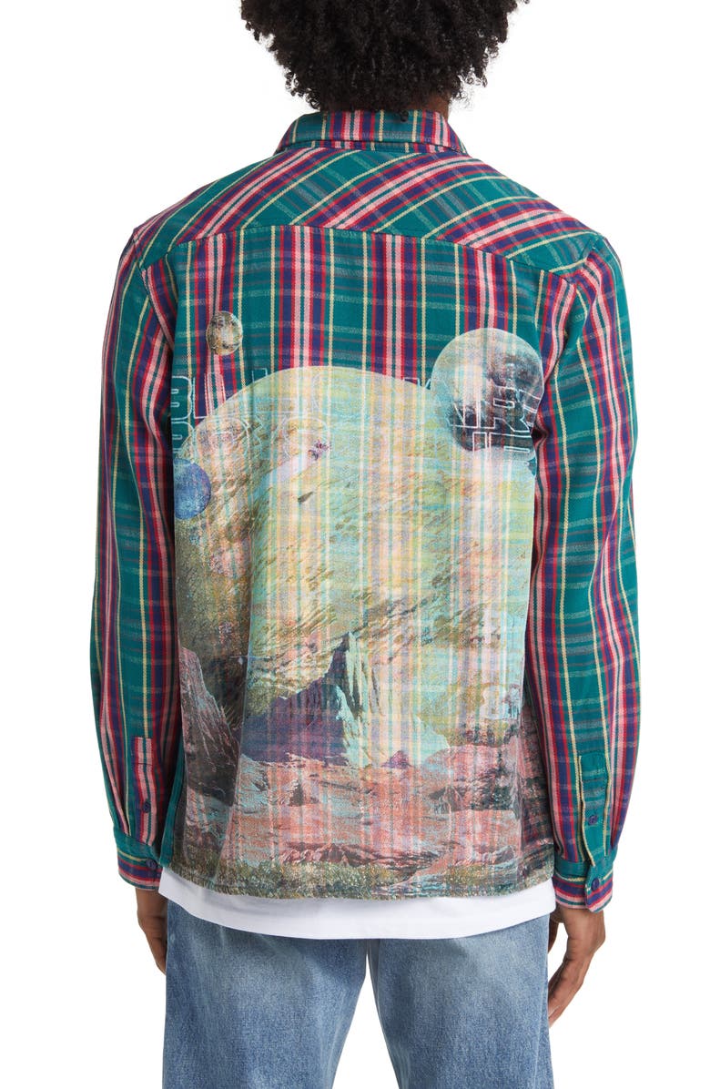 Billionaire Boys Club New World Plaid Graphic Button-Up Shirt, Alternate, color, Storm