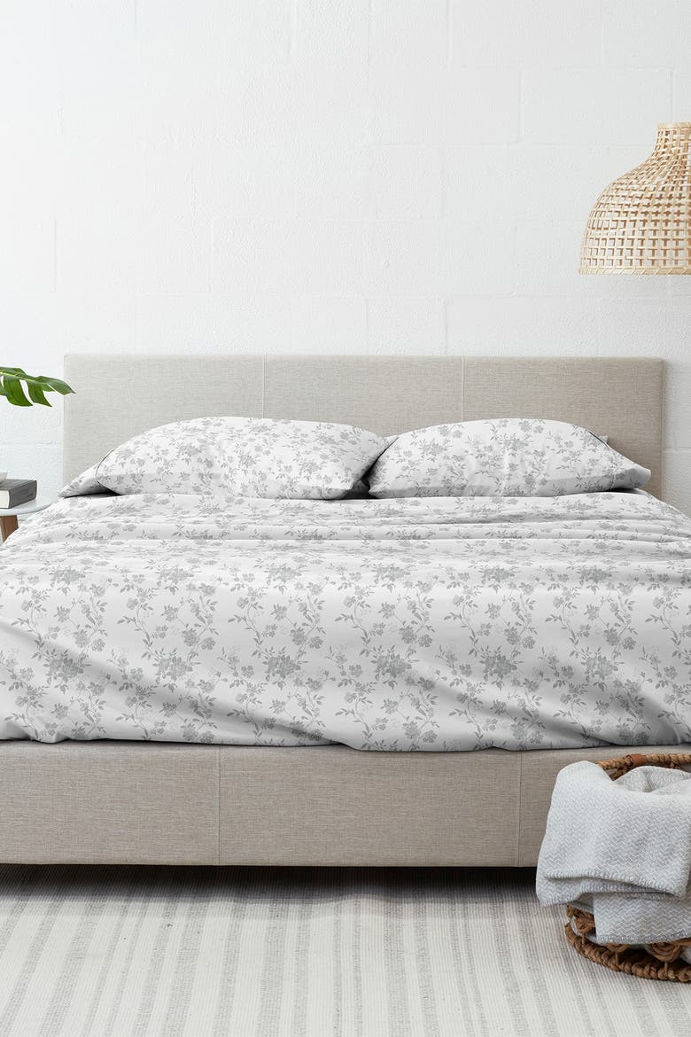 HOME SPUN Premium Sylvan Rose 4-Piece Flannel Bed Sheet Set, Main, color, GRAY