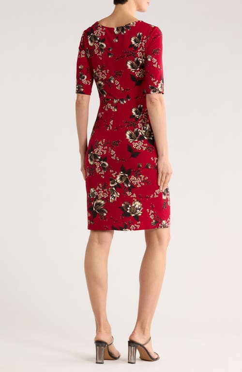 Connected Apparel Floral Shirred Waist Knit Dress In Red