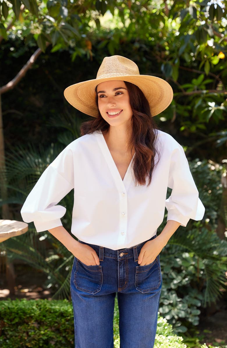 Karen Kane Lantern Sleeve Cotton Button-Up Shirt, Alternate, color,