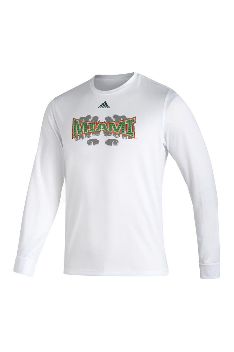 Men's adidas White Miami Hurricanes Touchdown Ring Creator Long Sleeve T-Shirt, Alternate, color, White