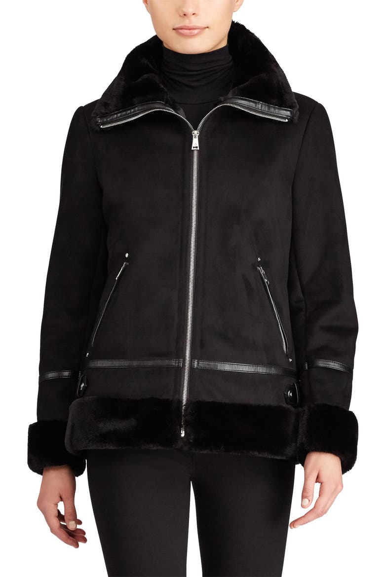 Faux Shearling Bomber Jacket, Main, color, BLACK
