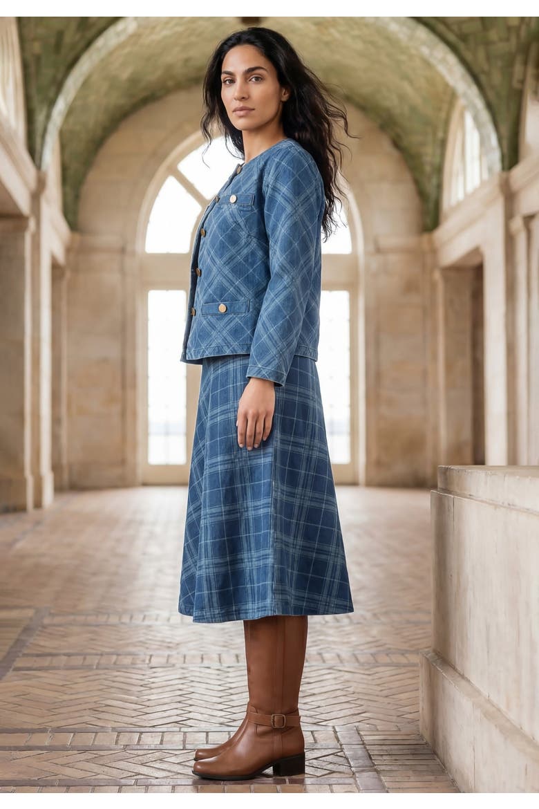 Stretch Denim Lady Jacket, Alternate, color, DENIM BIAS PLAID