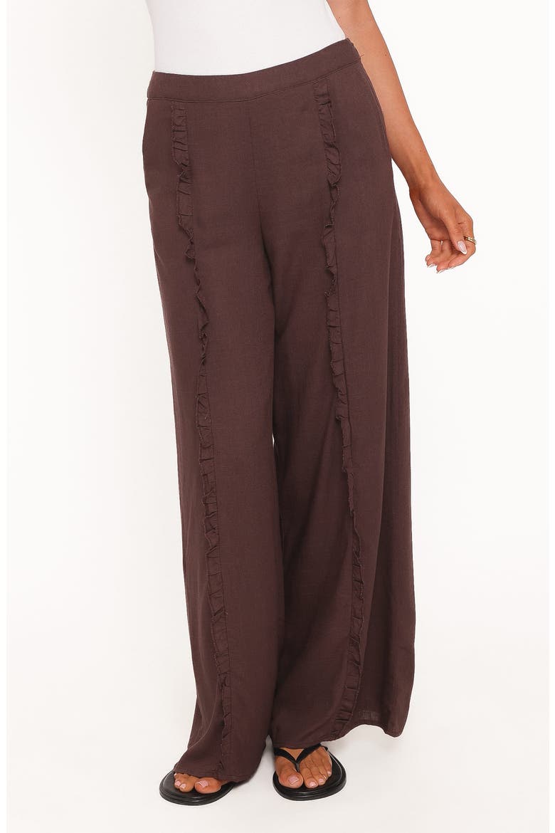 Samiya Frill High Waist Wide Leg Cotton & Linen Pants, Alternate, color, DARK BROWN
