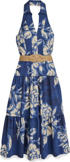 【Donna Karan New York】Halter Belted Midi Dress Donna Karan New York Women's Halter Belted Floral Print Midi