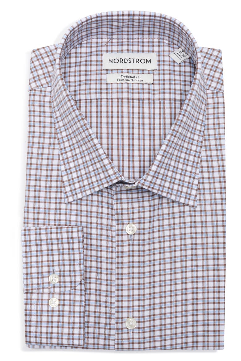 Traditional Fit Vega Plaid Premium Non Iron Cotton Dress Shirt, Main, color, BLUE- BROWN VEGA PLAID