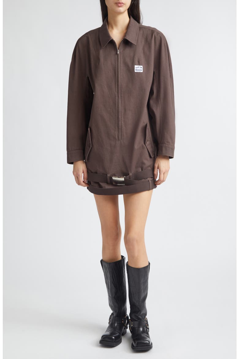 Long Sleeve Cotton Twill Minidress, Main, color, BROWN