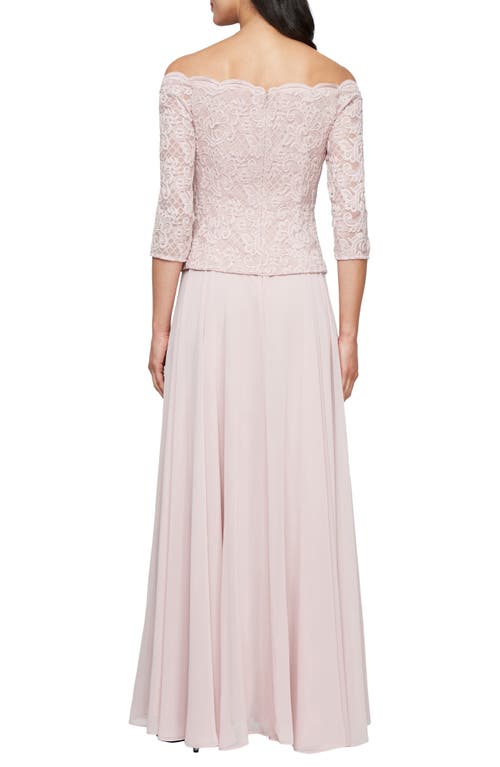 Alex Evenings Mixed Media Off The Shoulder Gown In Blush