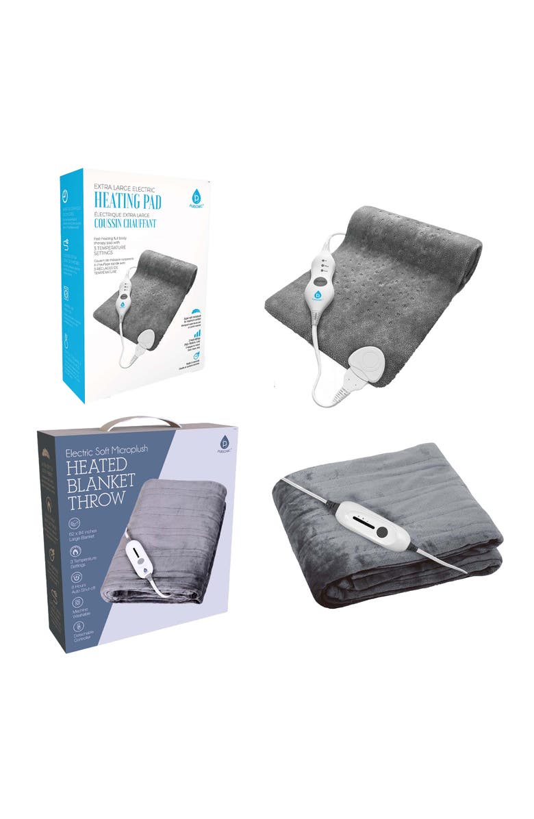 PURSONIC Cozy Comfort Bundle Electric Heated Microplush Blanket and Heating Pad Set, Main, color, Grey