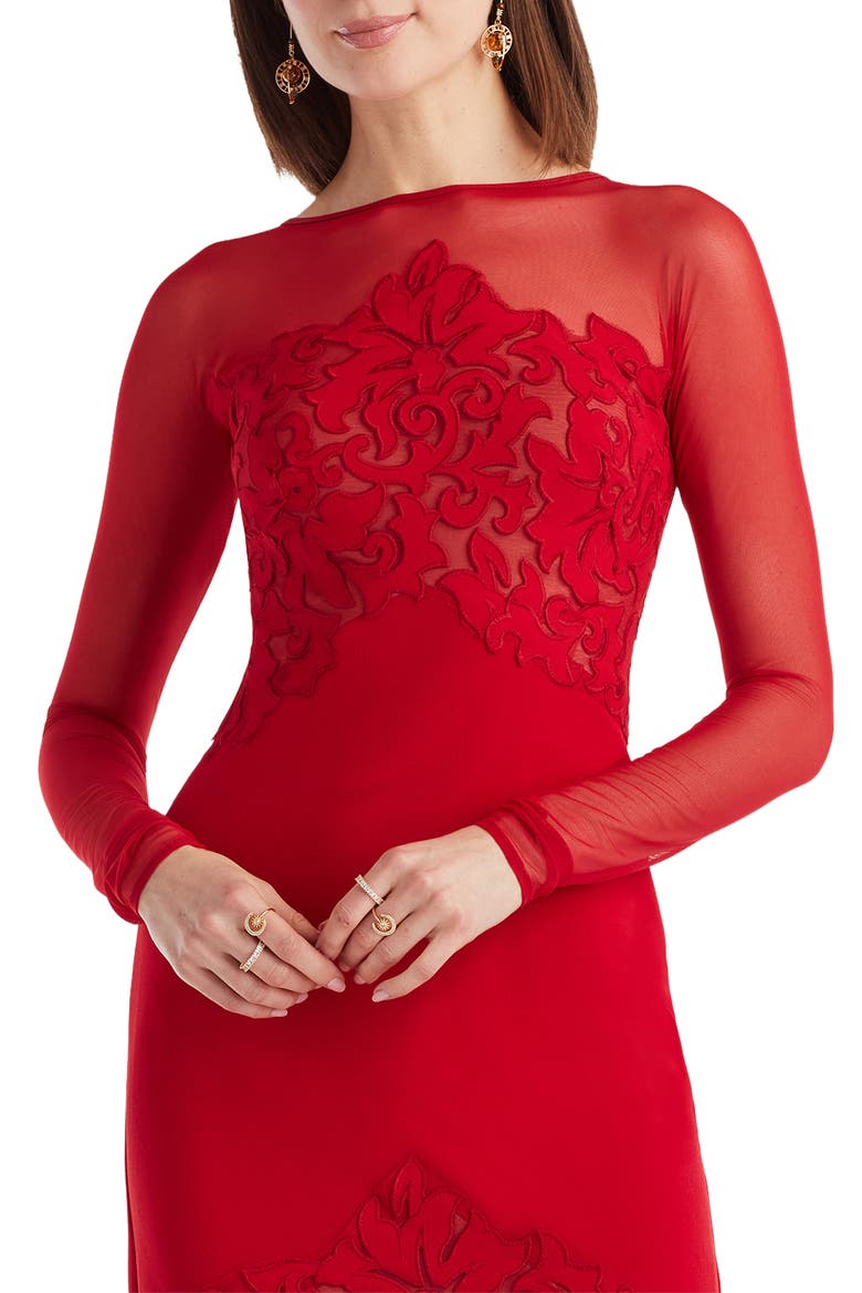 Illusion Neck Laser Cut Long Sleeve Mesh Cocktail Dress, Alternate, color, CHERRY/ NUDE