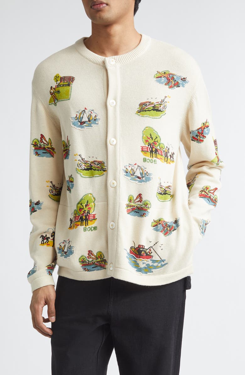 Bode Beaded Merino Wool & Cotton Cardigan, Main, color, Multi Ivory