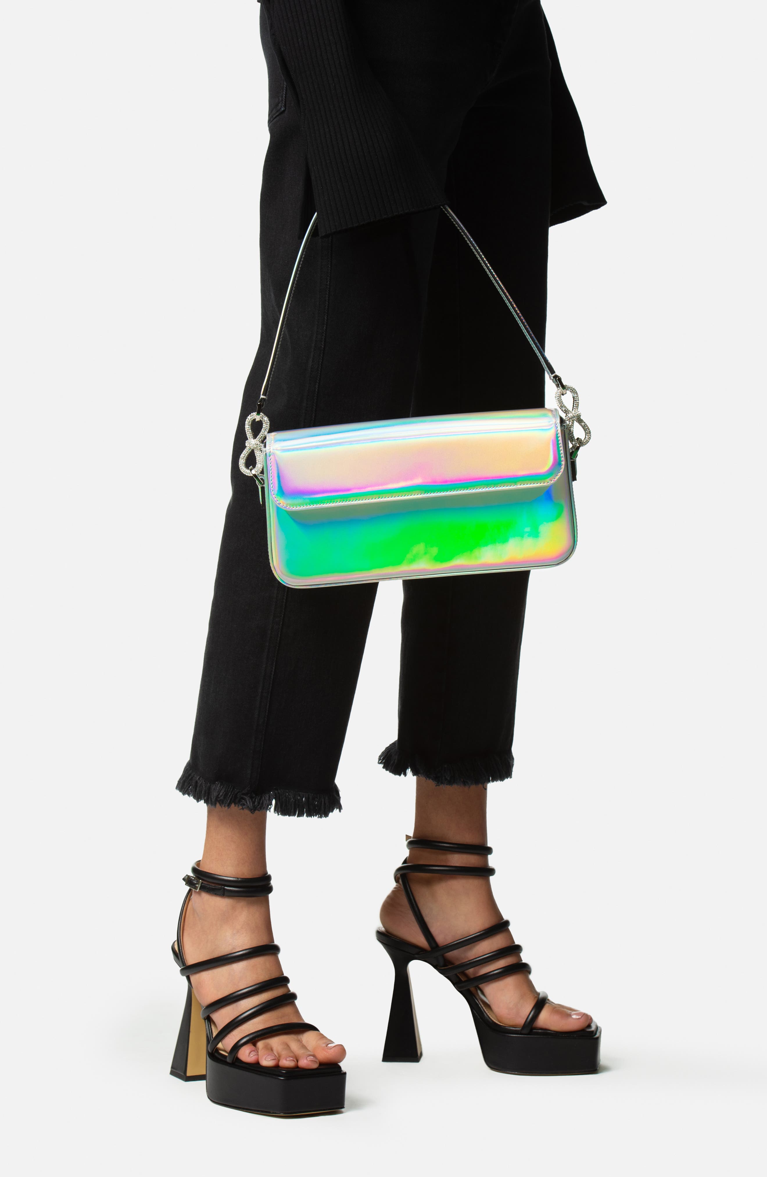 Mach & Mach Crystal Bow Iridescent Leather Handbag, Alternate, color, 