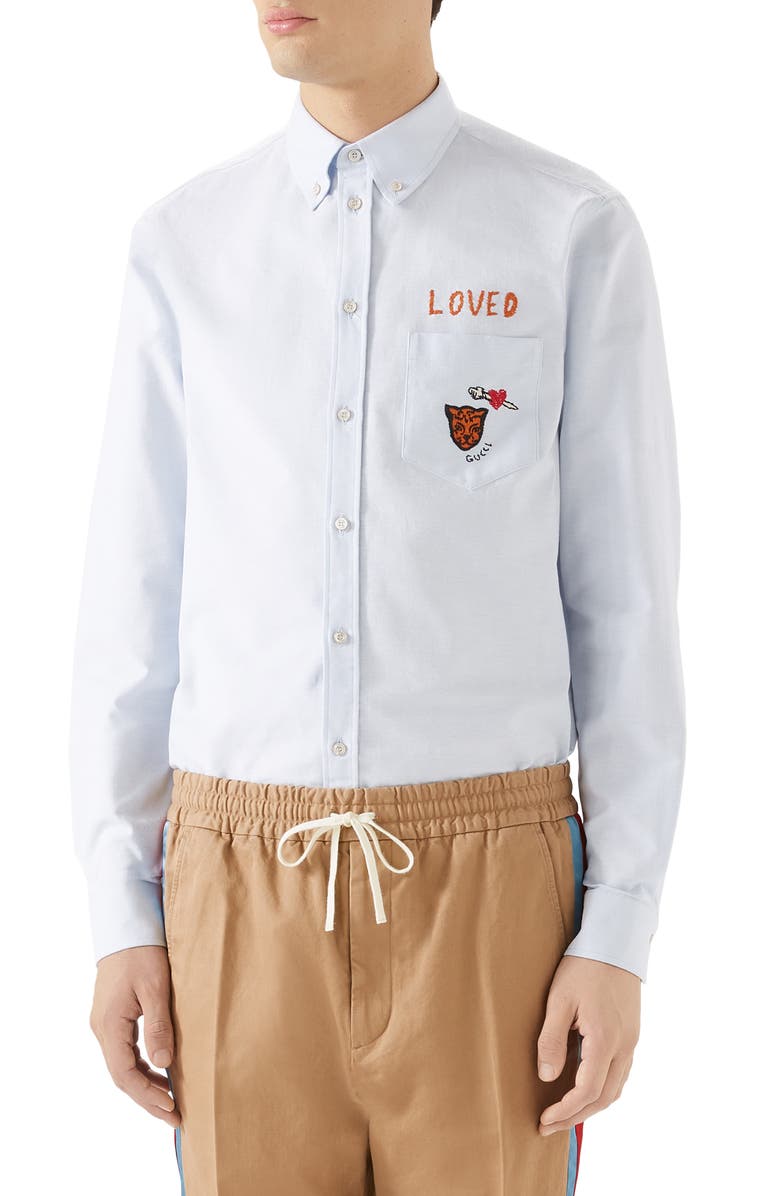 Gucci Loved Embroidered Cotton Oxford Button-Down Shirt, Main, color,