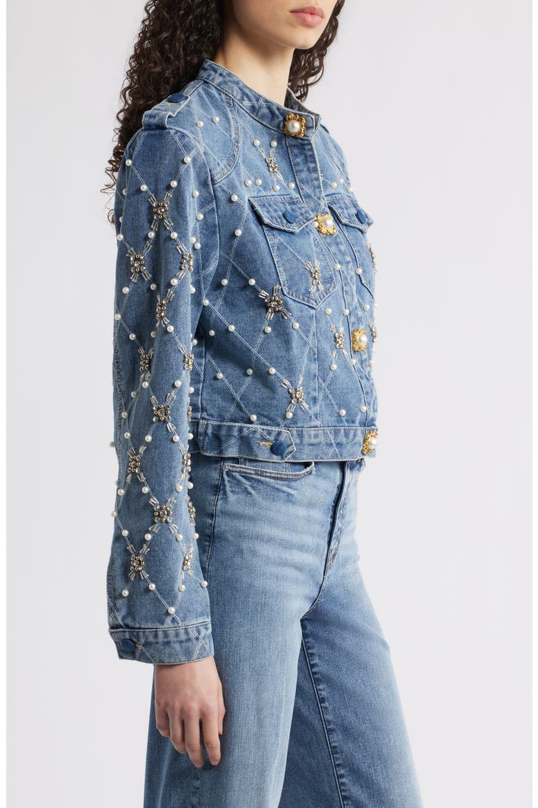 Leyana Embellished Denim Jacket, Alternate, color, BLUE