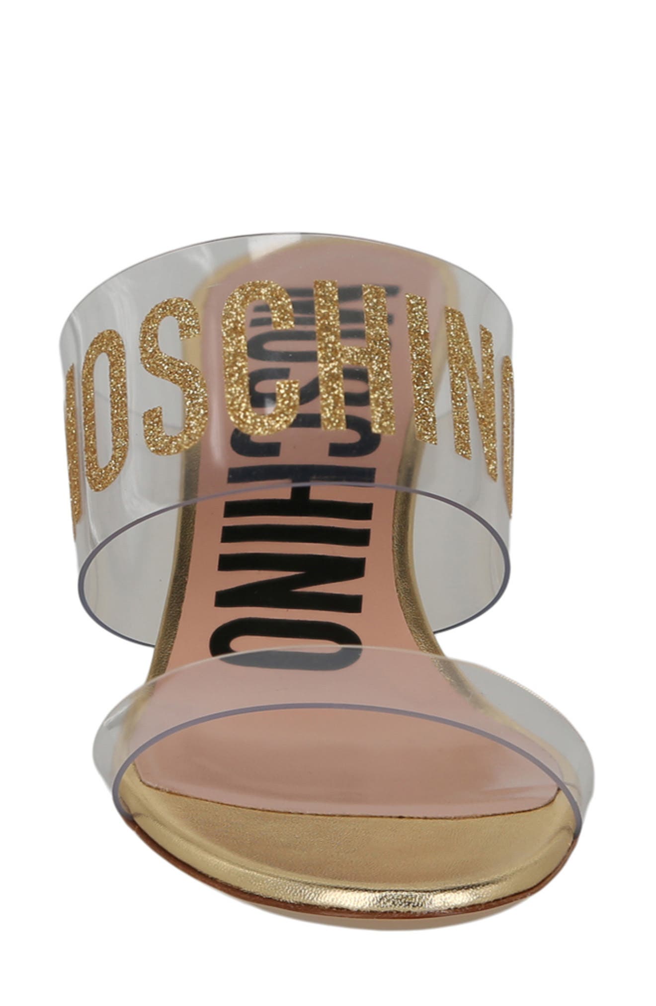 Moschino Logo Clear Strap Sandal, Alternate, color, Transparent Gold