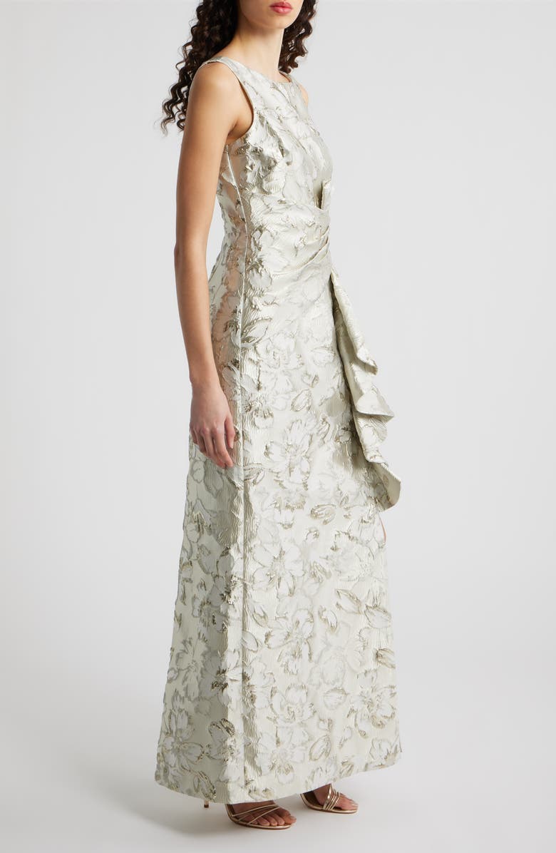 Eliza J Metallic Floral Jacquard Ruffle Detail Gown, Alternate, color,