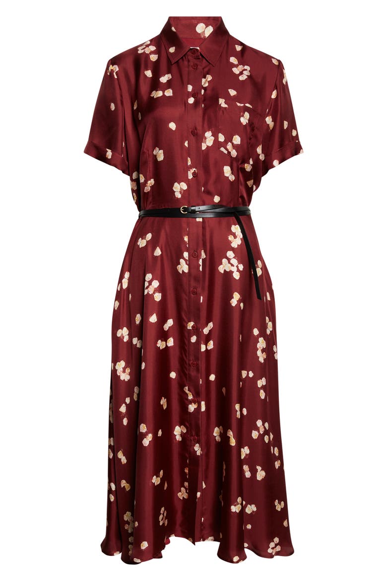 Kiera Petal Print Belted Silk Shirtdress, Alternate, color, MAROON ALLOVER PETALS
